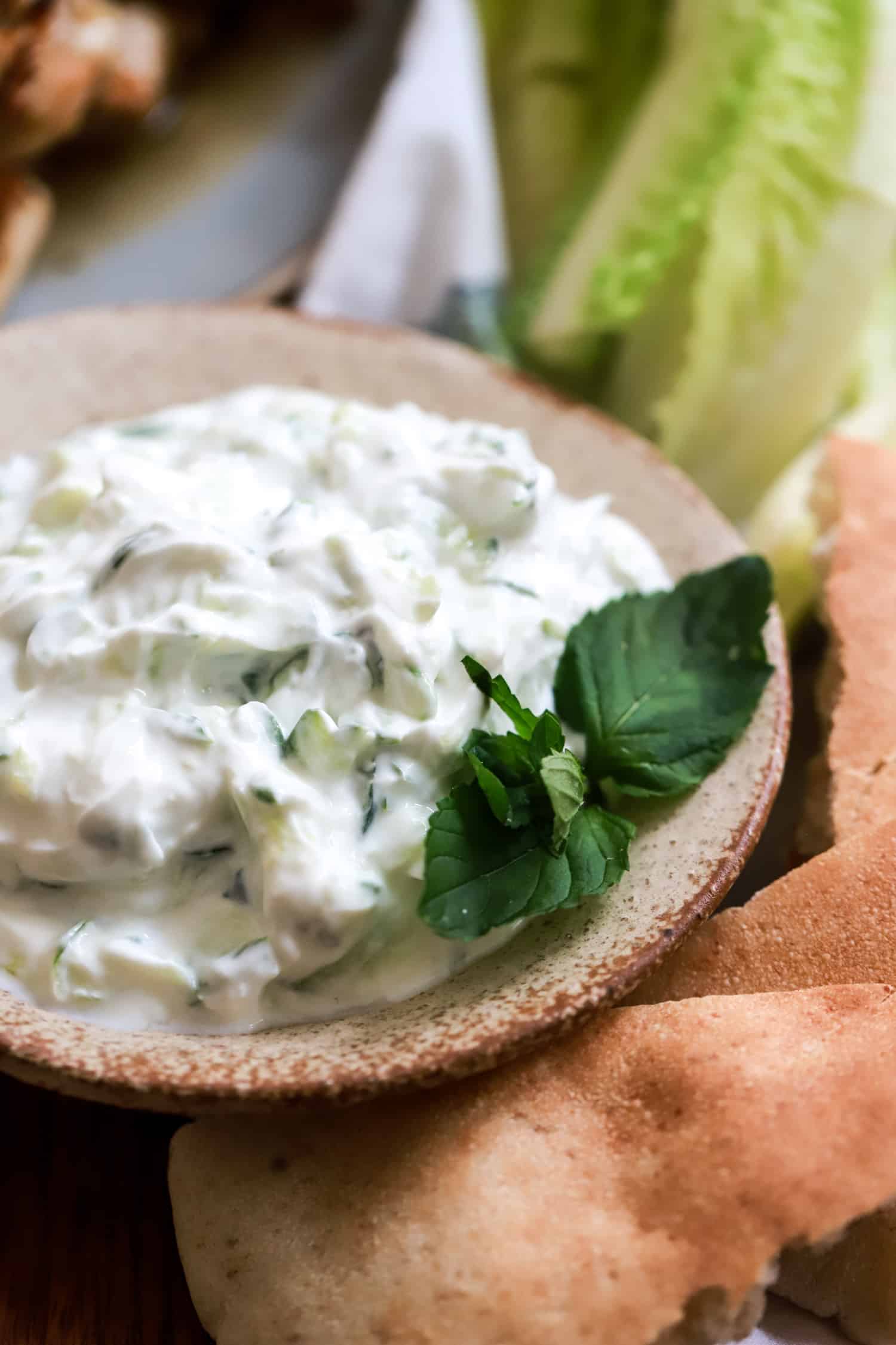 side view of greek yogurt tzatziki sauce with pita on the side and fresh mint leaves.