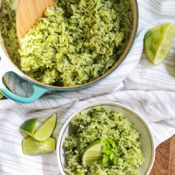 Small white bowl near a larger pot of green cilantro lime rice.