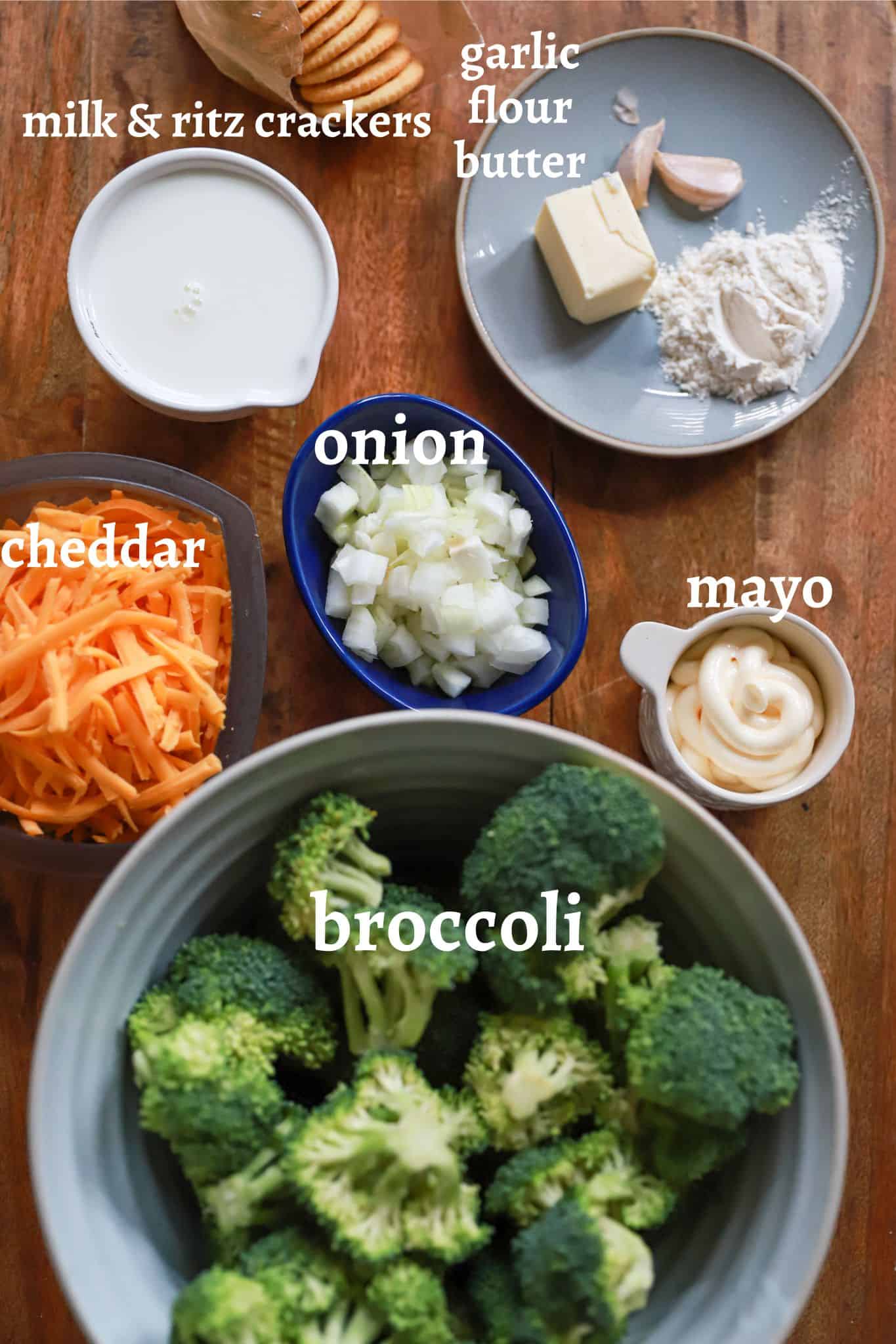 image with labeled ingredients for broccoli casserole.