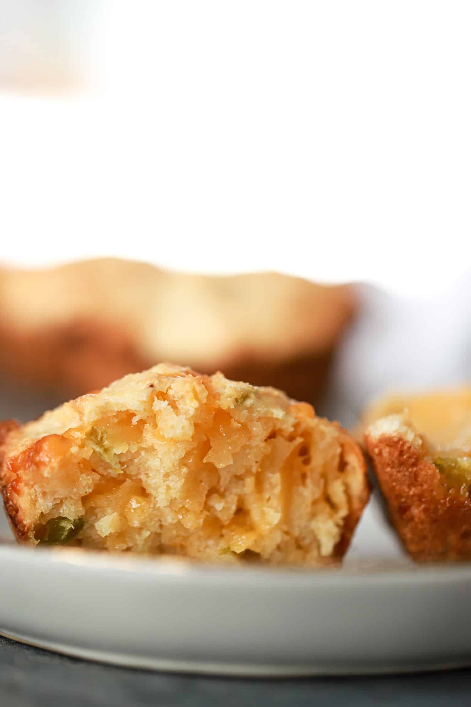 close up side view of center of cheddar jalapeno corn muffin.