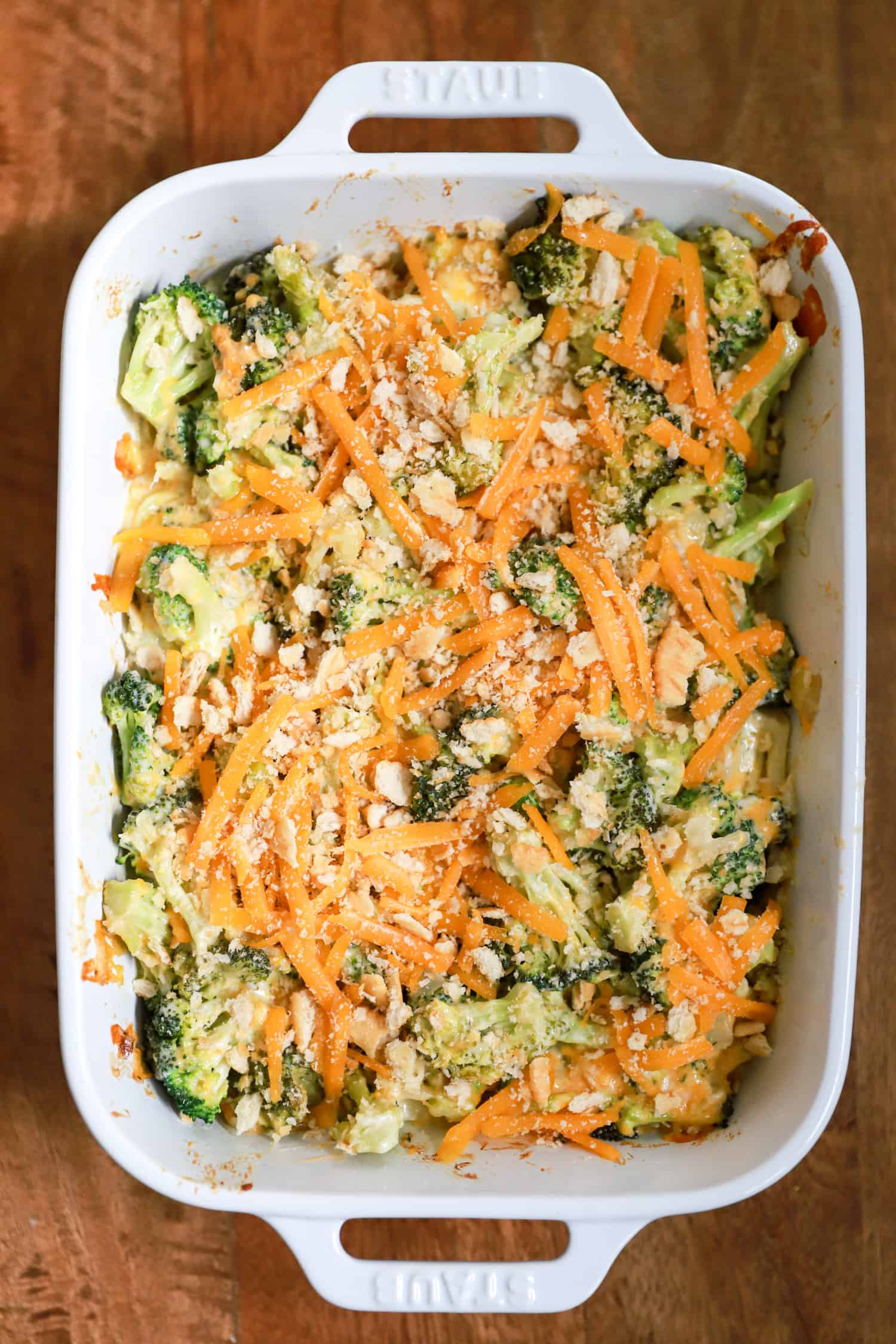 broccoli casserole topped with extra cheese and Ritz crackers.