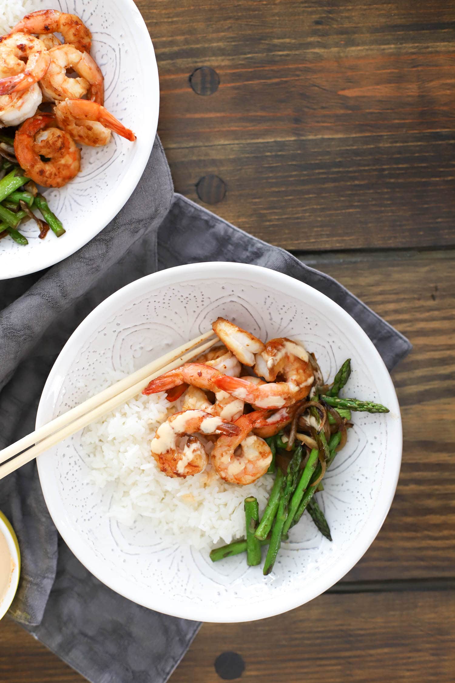 bowl of hibachi shrimp with vegetables and white rice