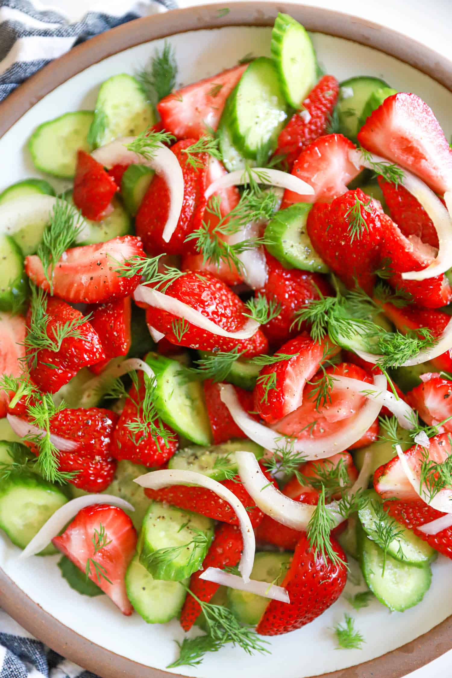 Close up top view of strawberries, cucumbers, onions, and dill chopped together.