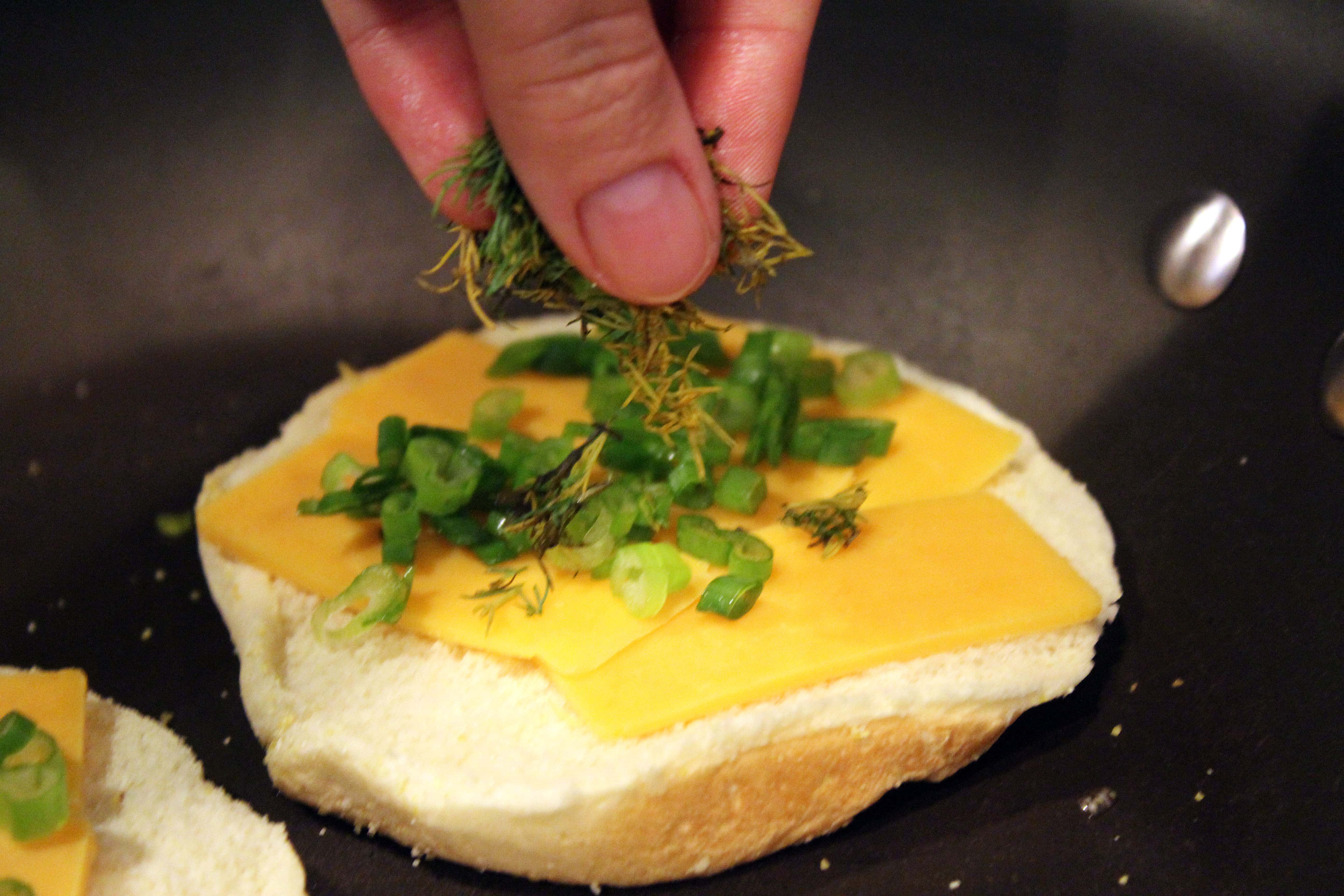 Add dill and scallions to bottom layer of cheese