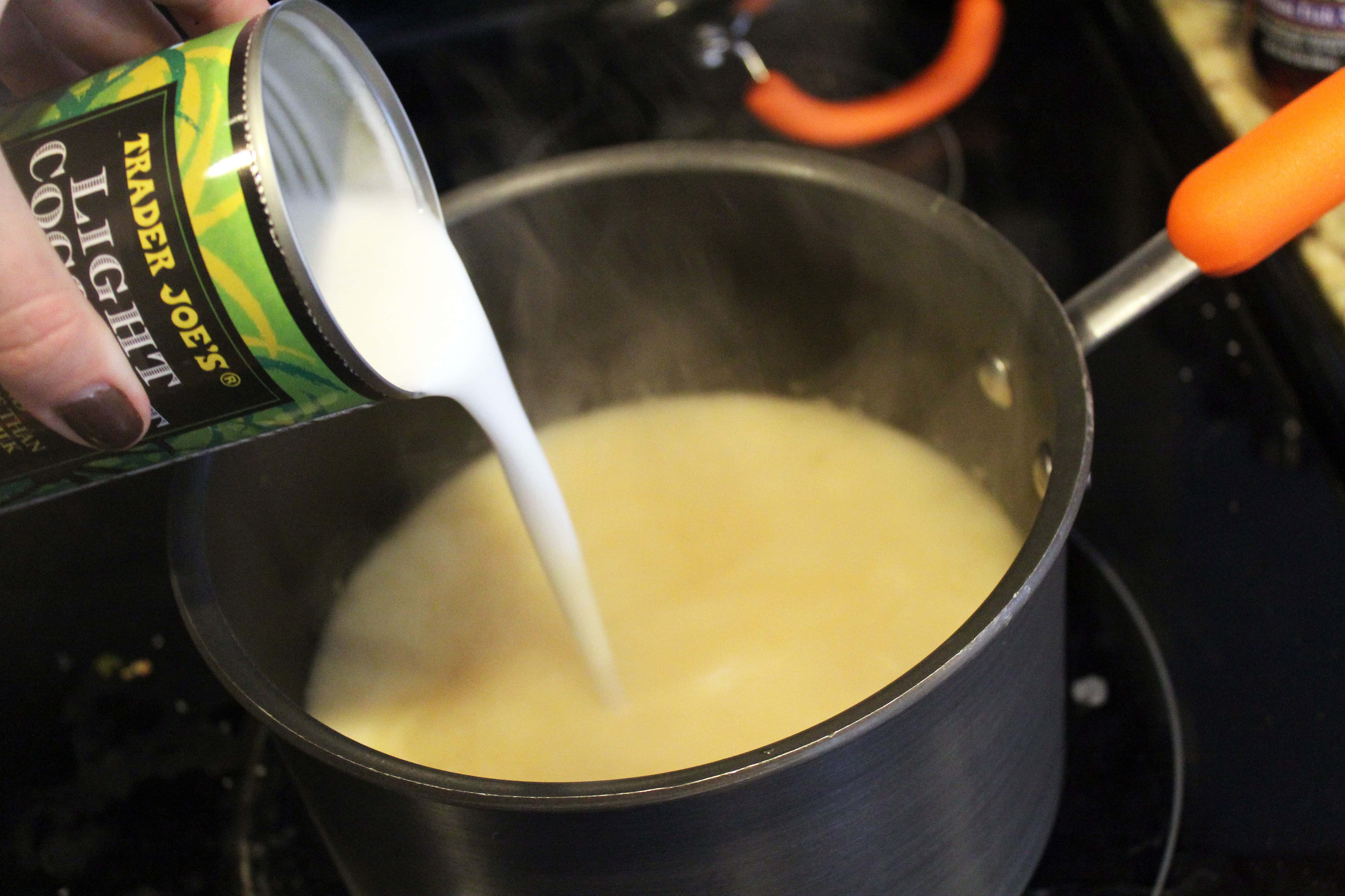 Add coconut milk to flavored stock