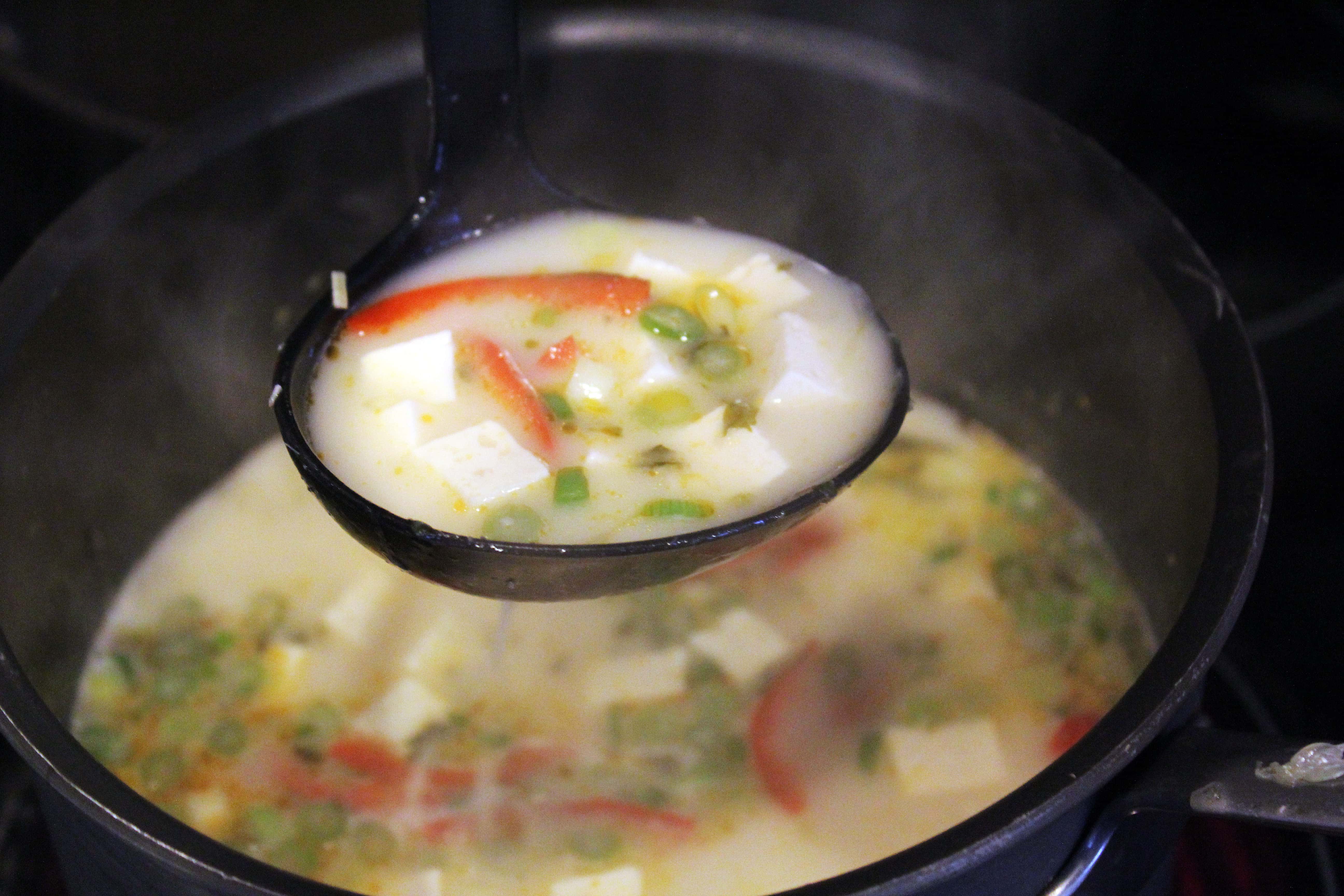 Ladle hot soup into bowl