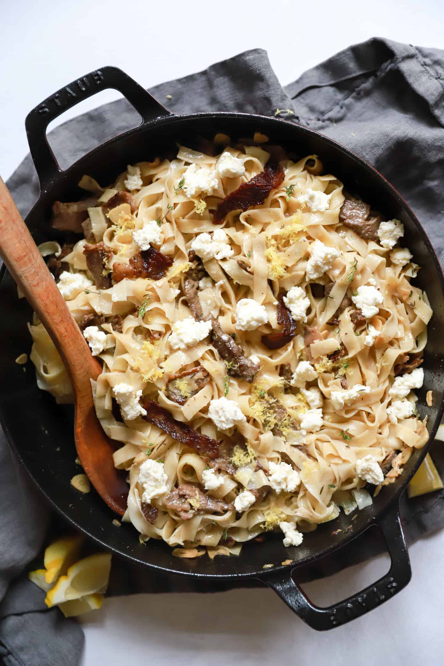 large pan of steak and ricotta pasta.