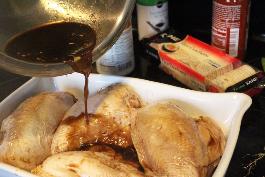 Pour marinade over chicken before baking
