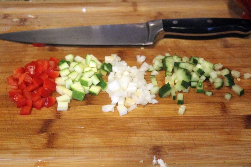 Finely chop extra veggies for topping