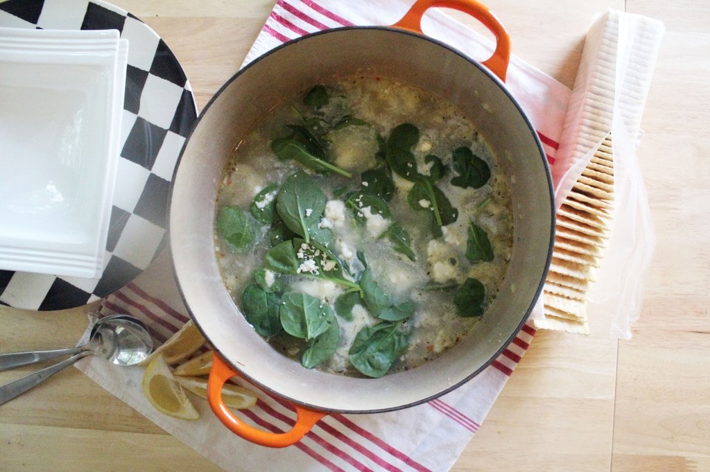 Pot topped with spinach and feta