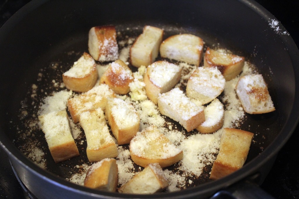 Add parm and garlic to croutons last