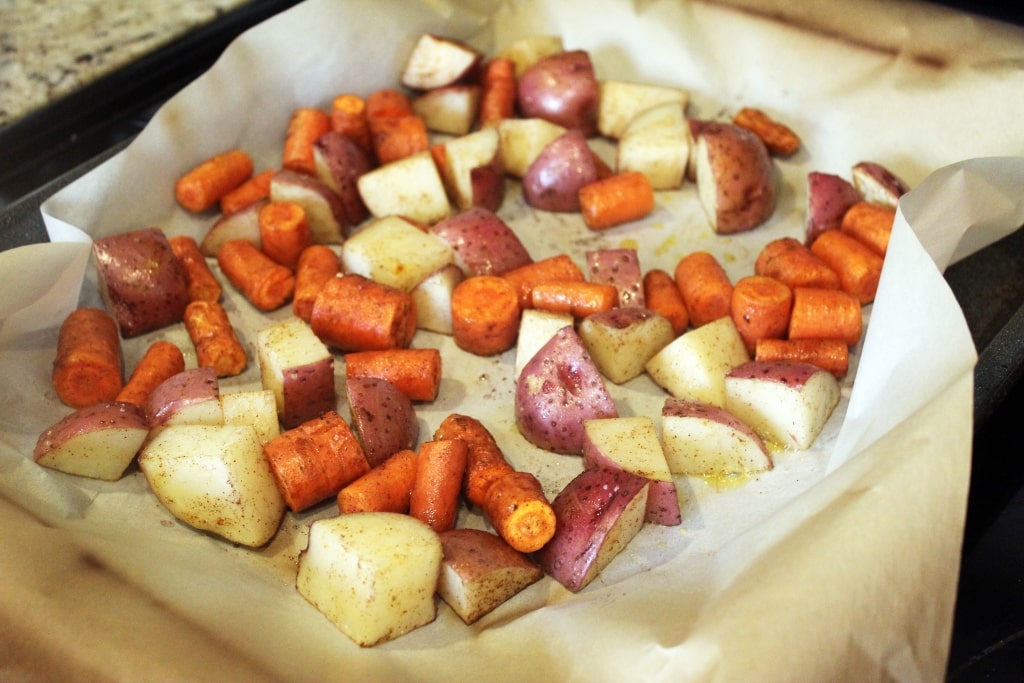 Slightly roasted potatoes and carrots