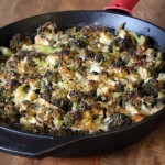 black skillet of healthy chicken broccoli rice casserole