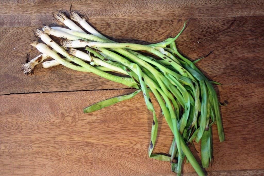 Pile of grilled green onions on a brown wooden board.