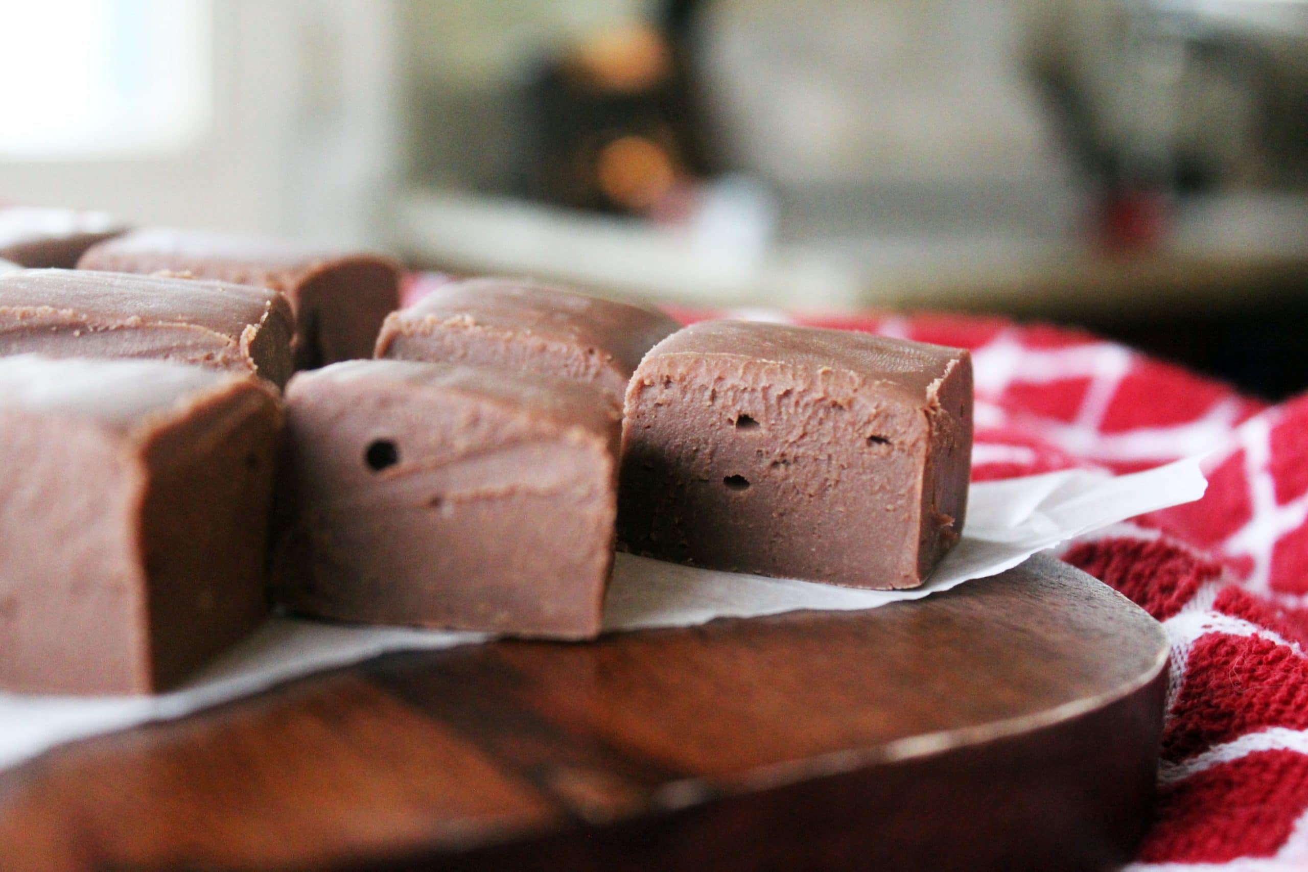 cross section view of cube of chocolate fudge.