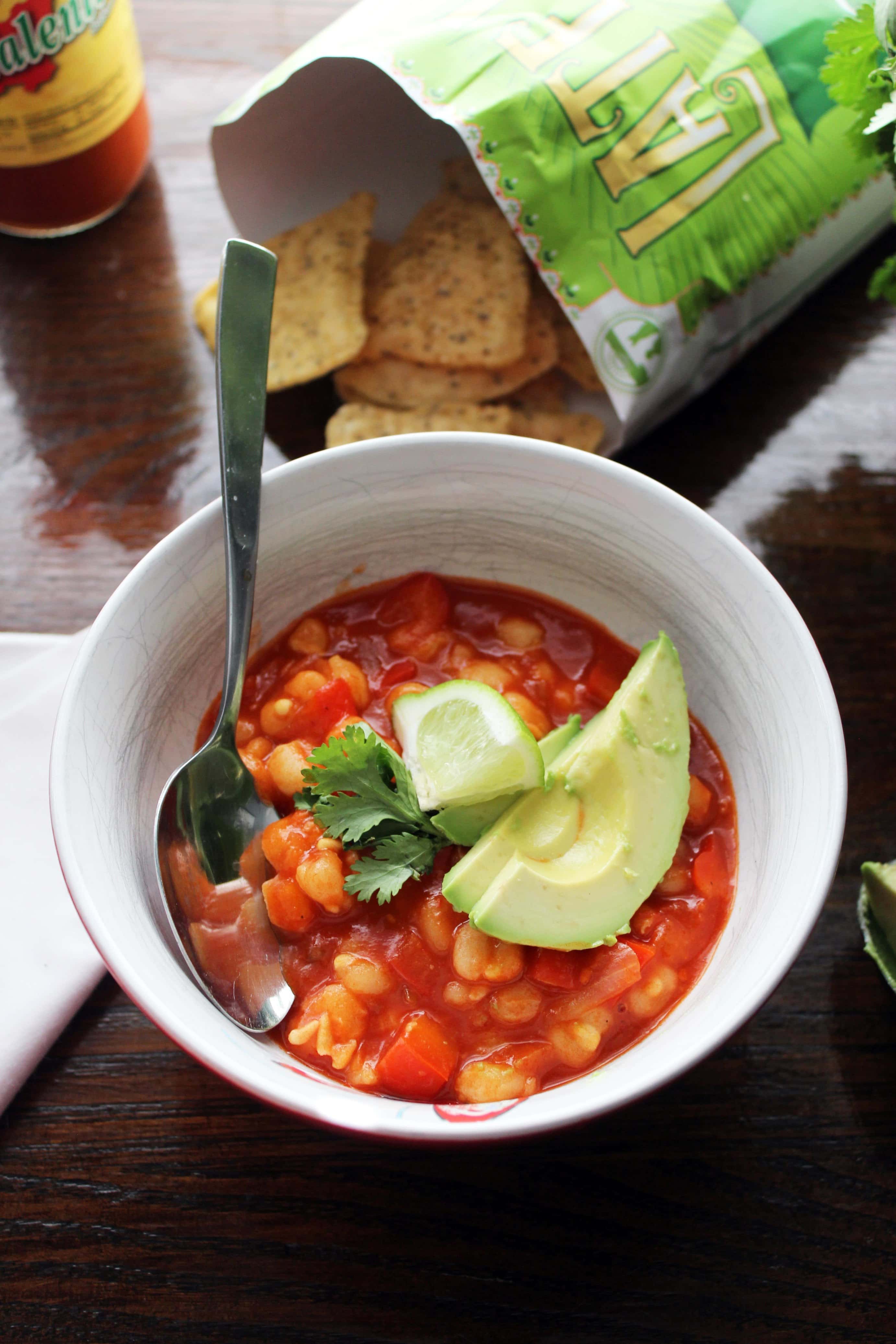 vegetarian posole with red chile and hominy