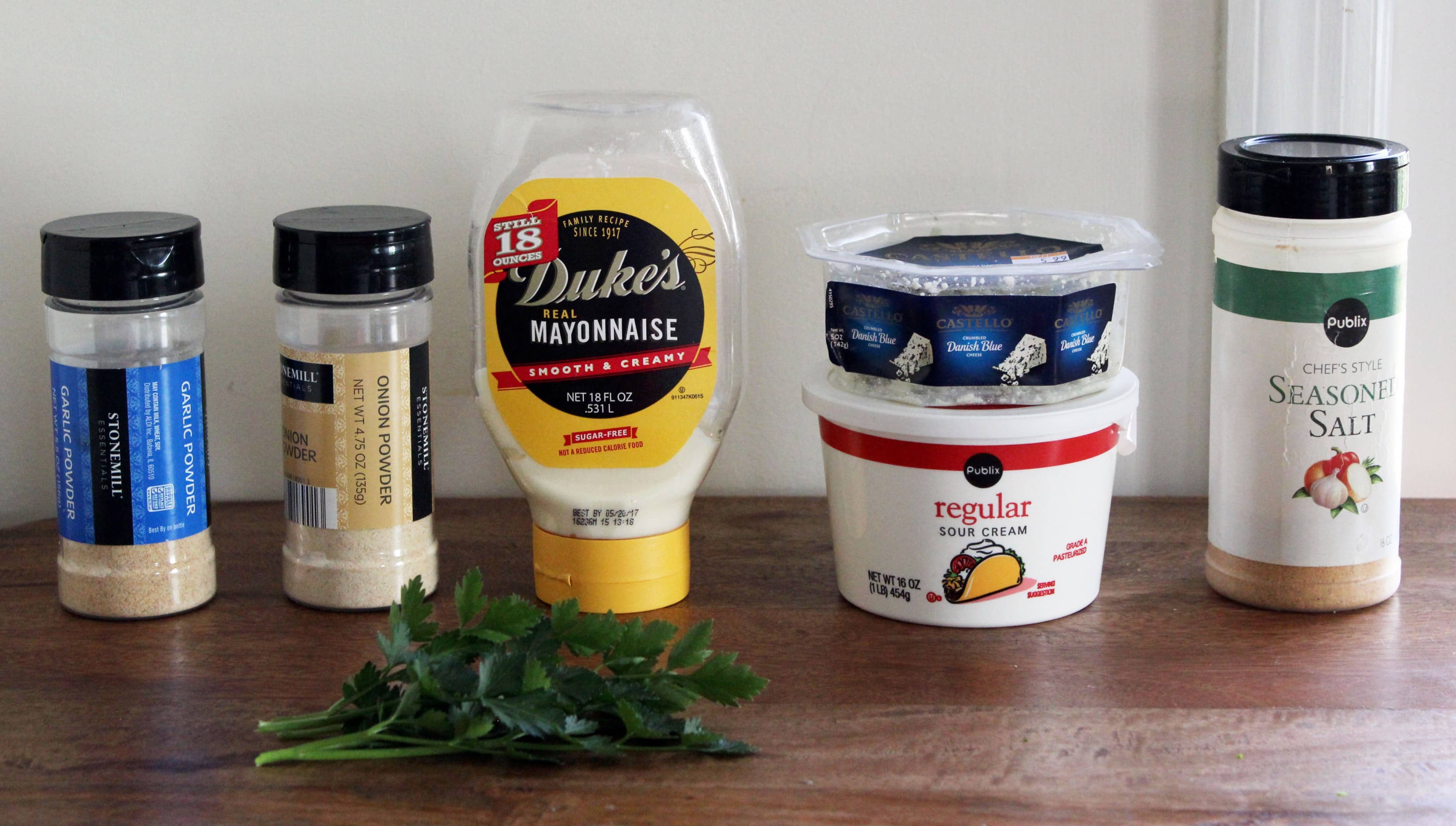 ingredients for homemade ranch dip with blue cheese.