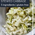 Gray ceramic bowl of southern stewed cabbage with graphic title.