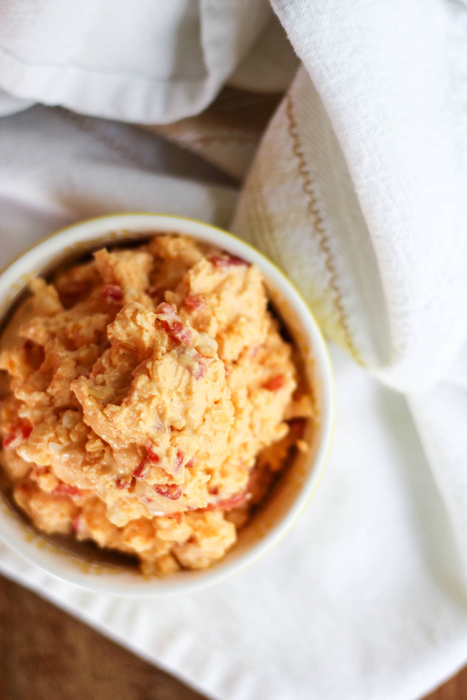 top view round bowl with pimento cheese.