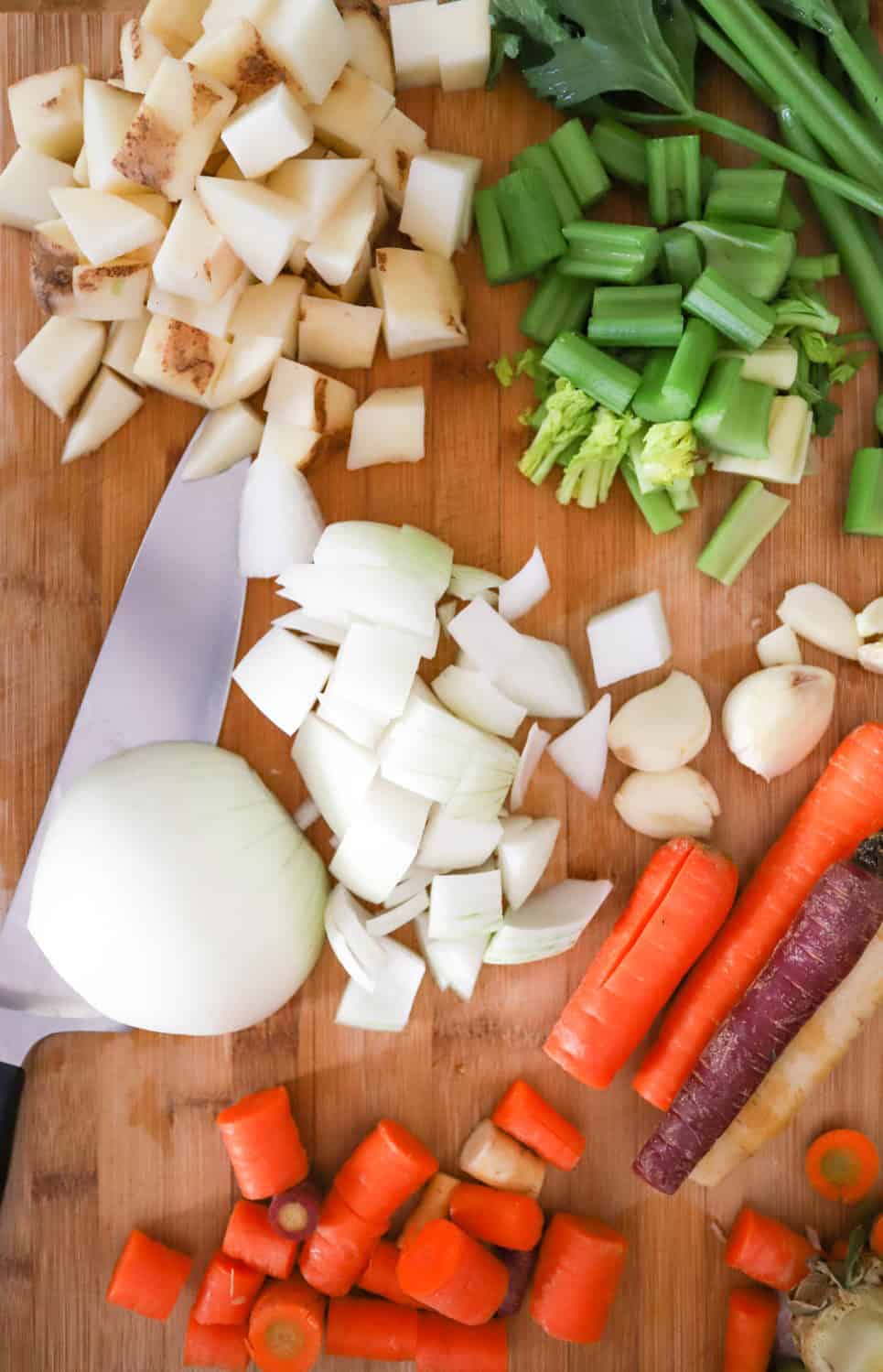 chopped up veggies for beef stew.