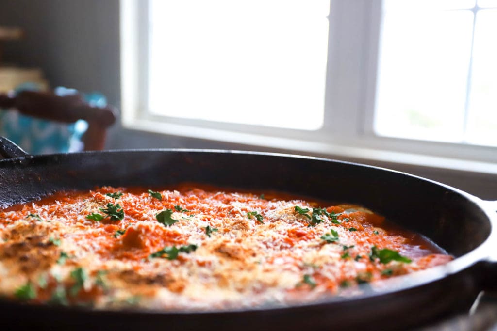 easy chicken parmesan in a skillet