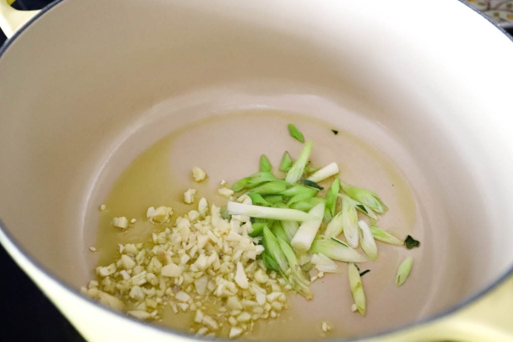 garlic and scallions in pot