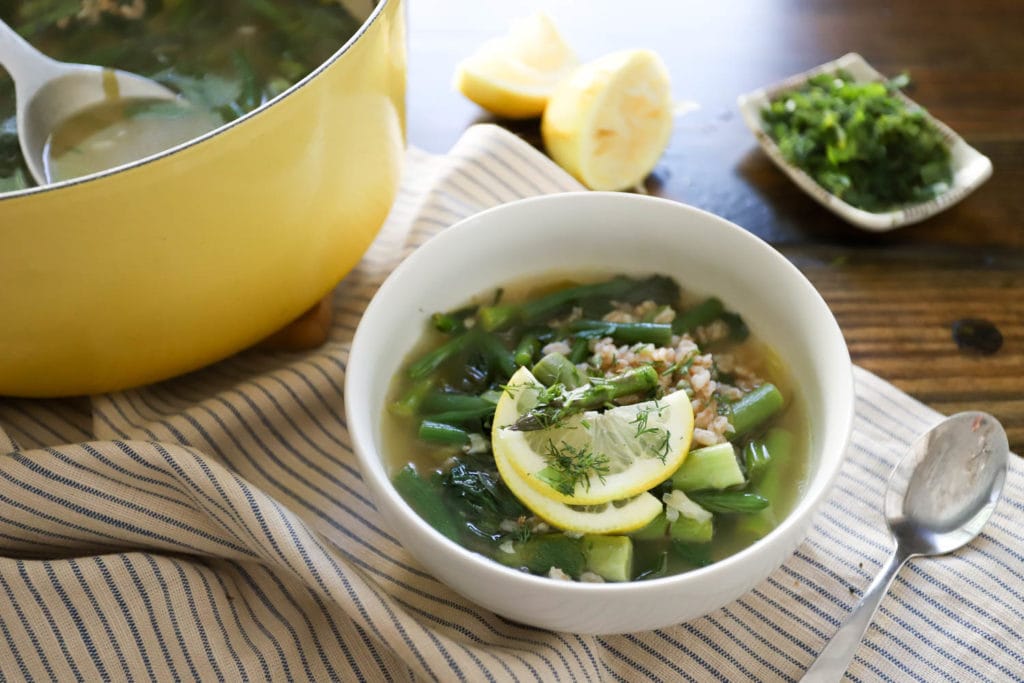 bowl of low carb soup with asparagus
