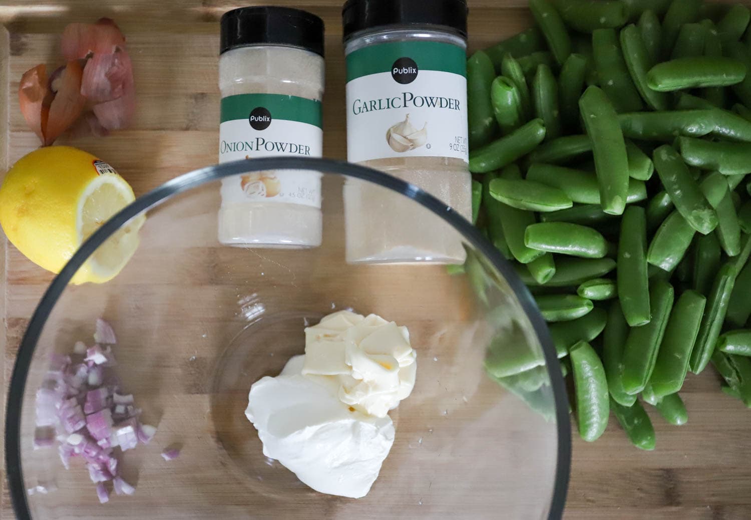 ingredients for sugar snap pea salad.