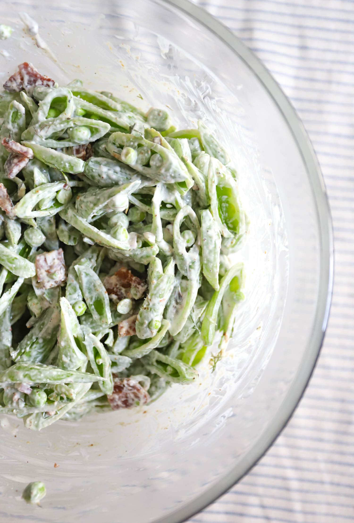 bowl of sugar snap pea salad.