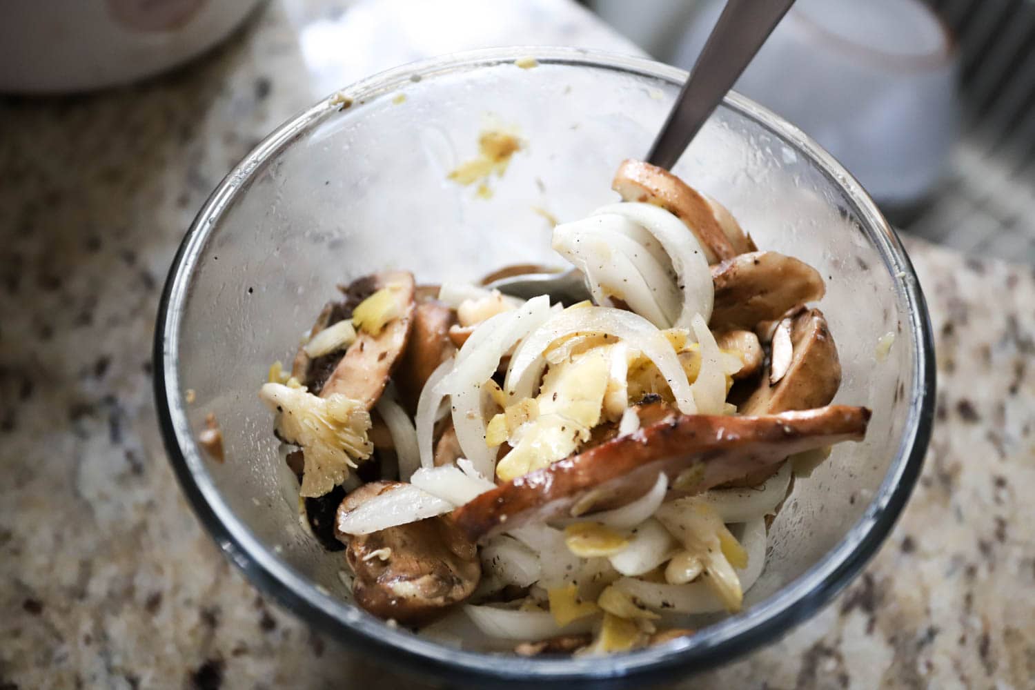 small bowl with mushrooms and onions.