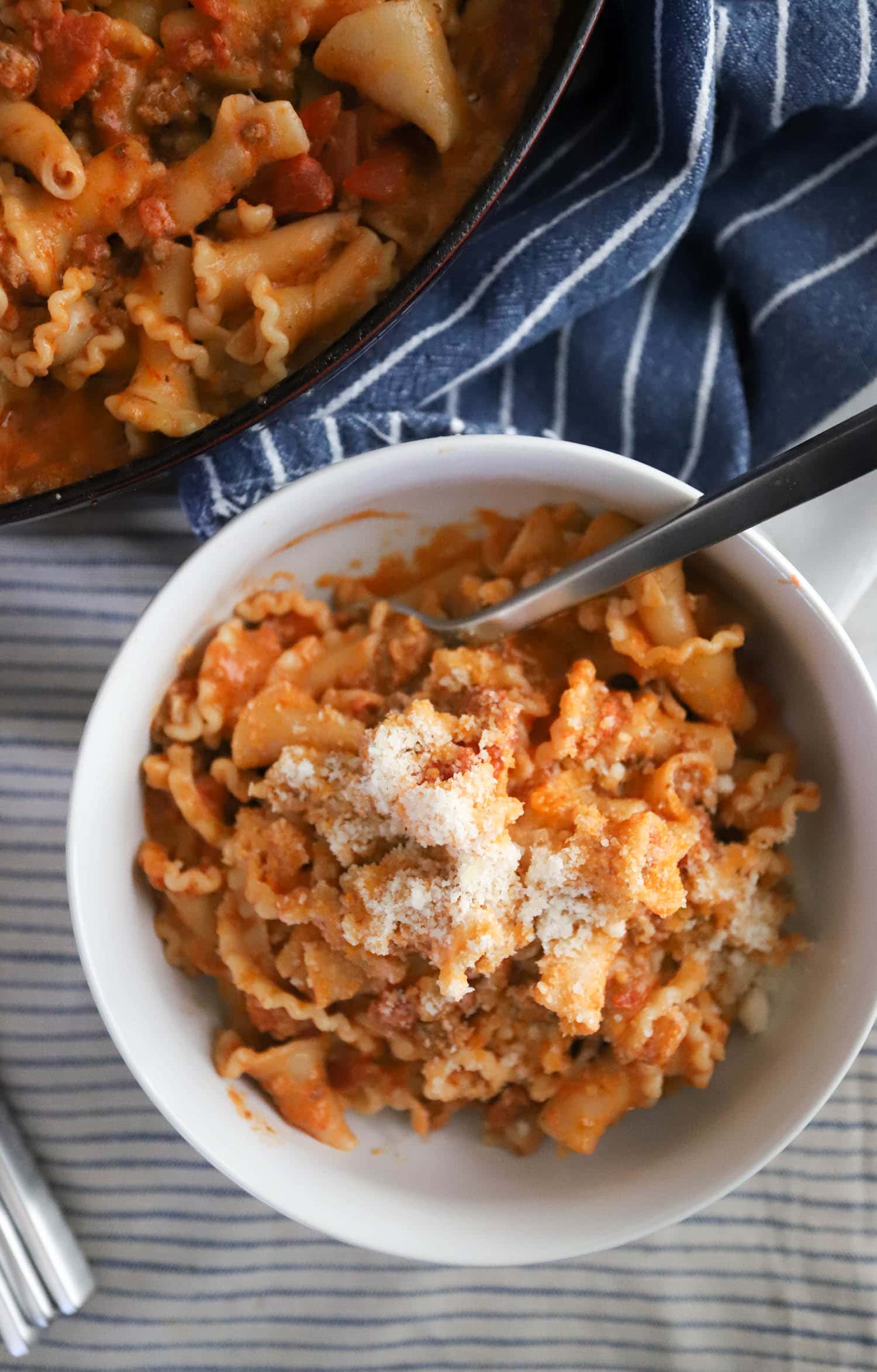 bowl of short curly pasta with creamy vodka sauce