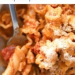 close up pasta with parmesan and sausage and title words