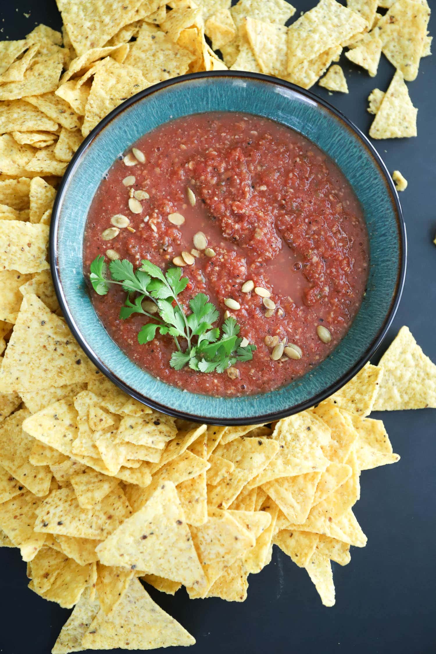 Pepita Salsa with Chips and Cilantro