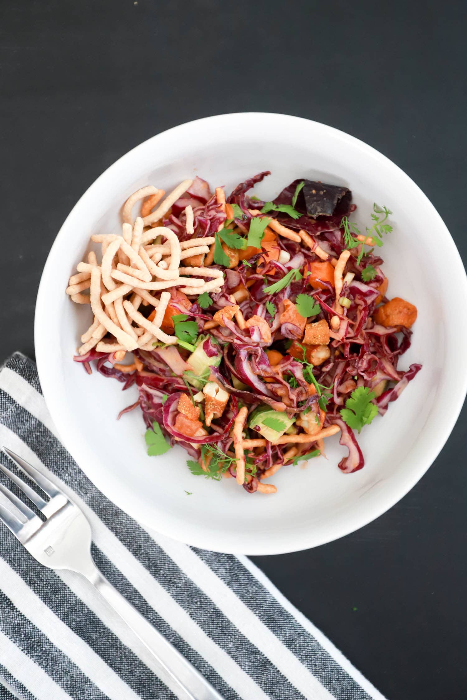 Spicy Peanut Sauce with red cabbage chopped salad. Perfect for meal prepping!