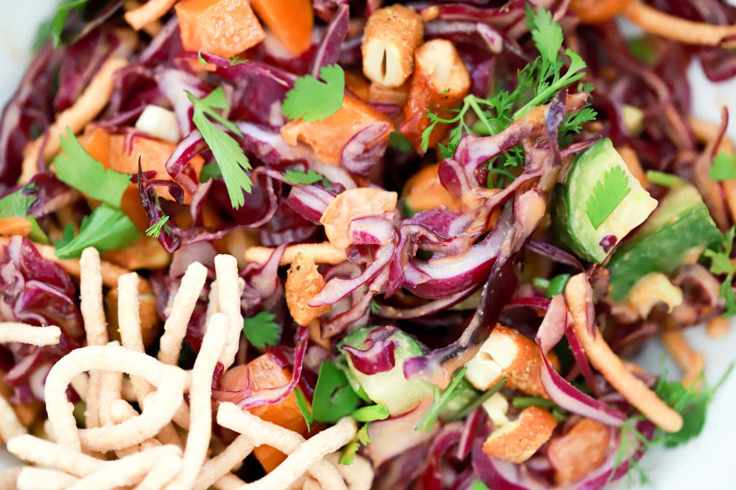 Spicy Peanut Sauce with red cabbage chopped salad. Perfect for meal prepping!