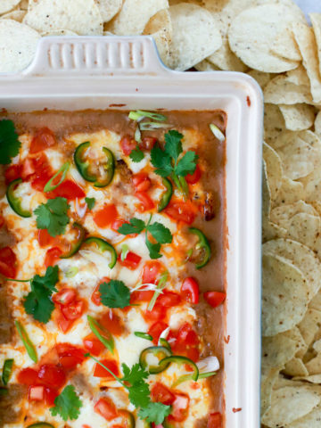 baking pan of hot refried bean dip without cream cheese.