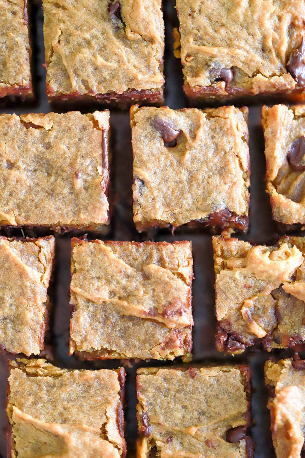 close up grid of pumpkin blondies cut into squares.