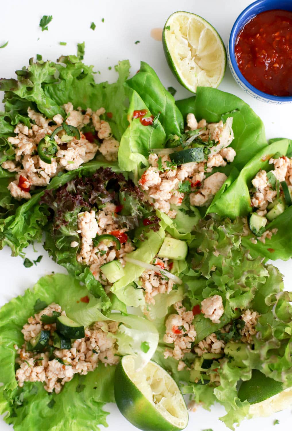 close up image of thai ground chicken lettuce wraps with lime wedges on the edge.