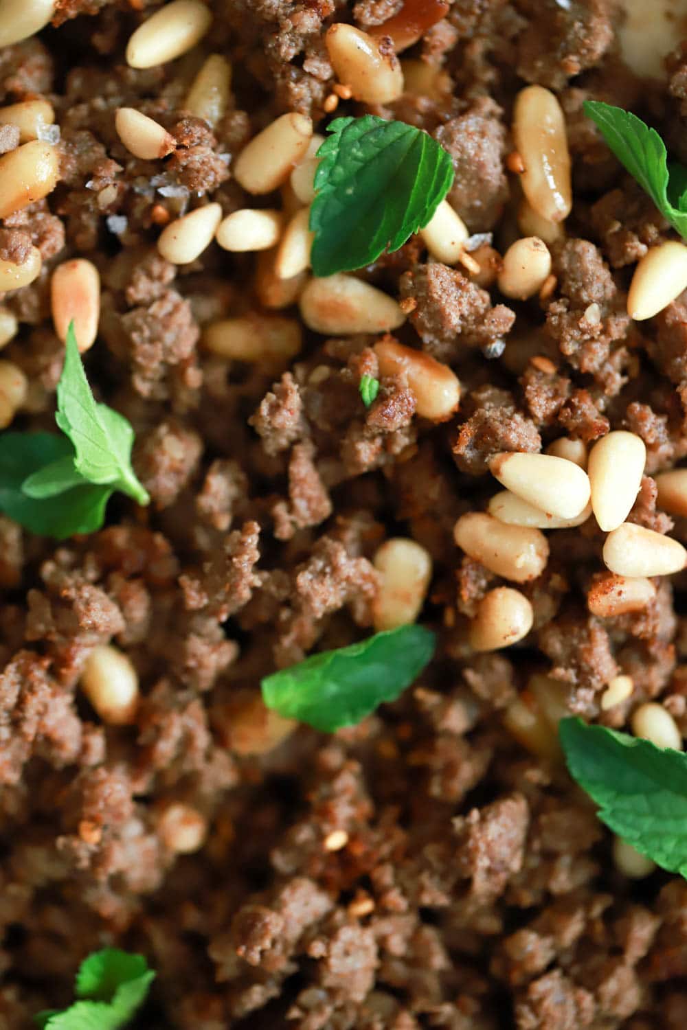 Spiced Ground Meat with Pine Nuts over Hummus Recipe