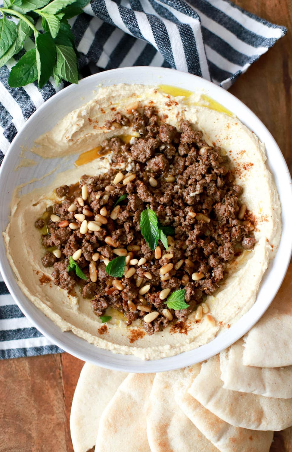 Spiced Ground Meat with Pine Nuts over Hummus Recipe