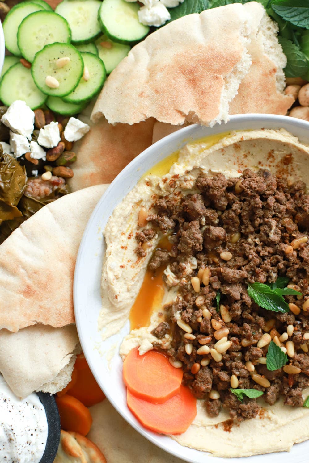 Spiced Ground Meat with Pine Nuts over Hummus Recipe