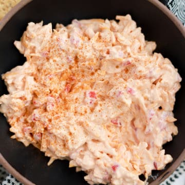 black ceramic bowl with homemade pimento cheese