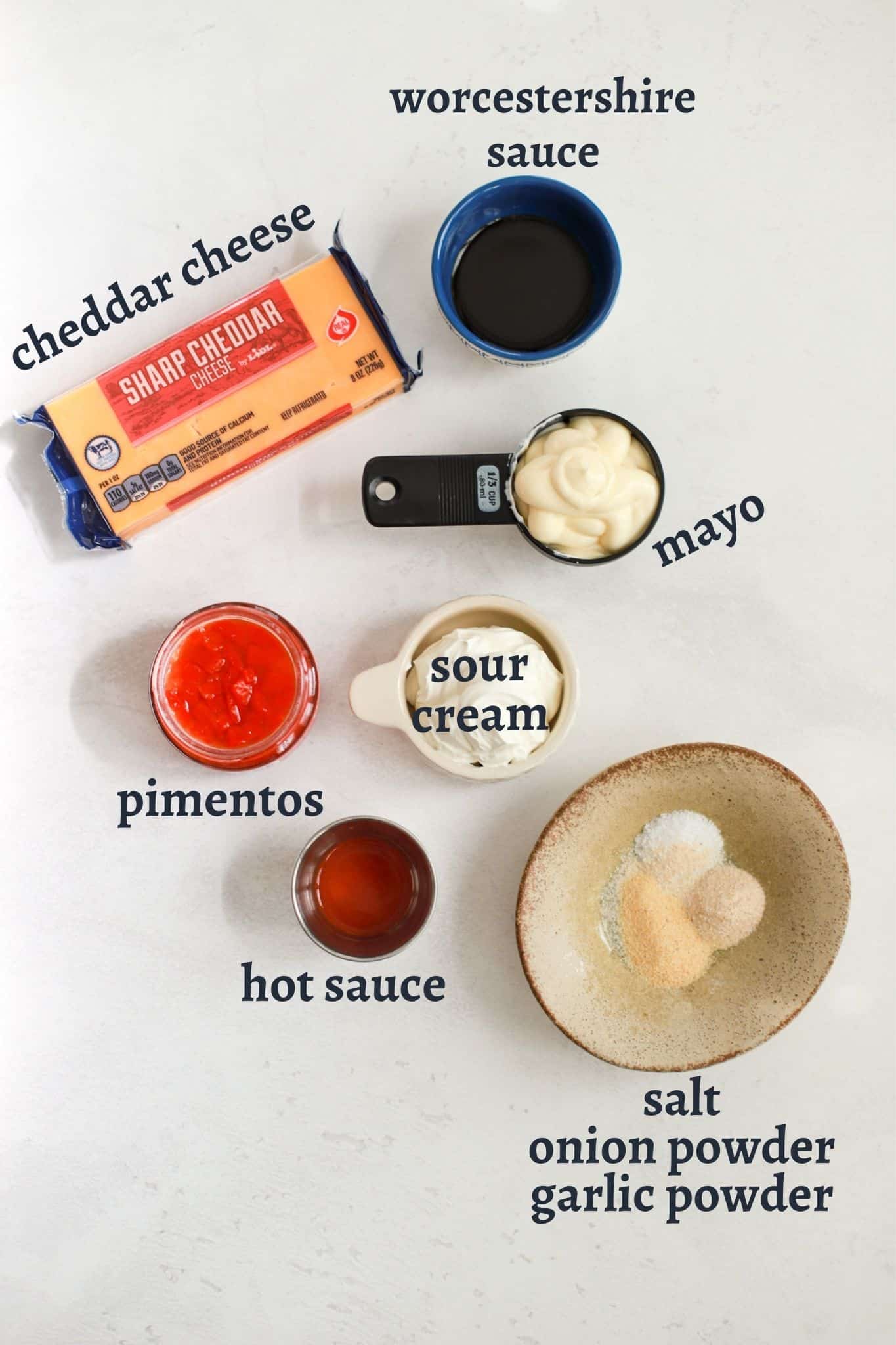 ingredients with labels for pimento cheese recipe.