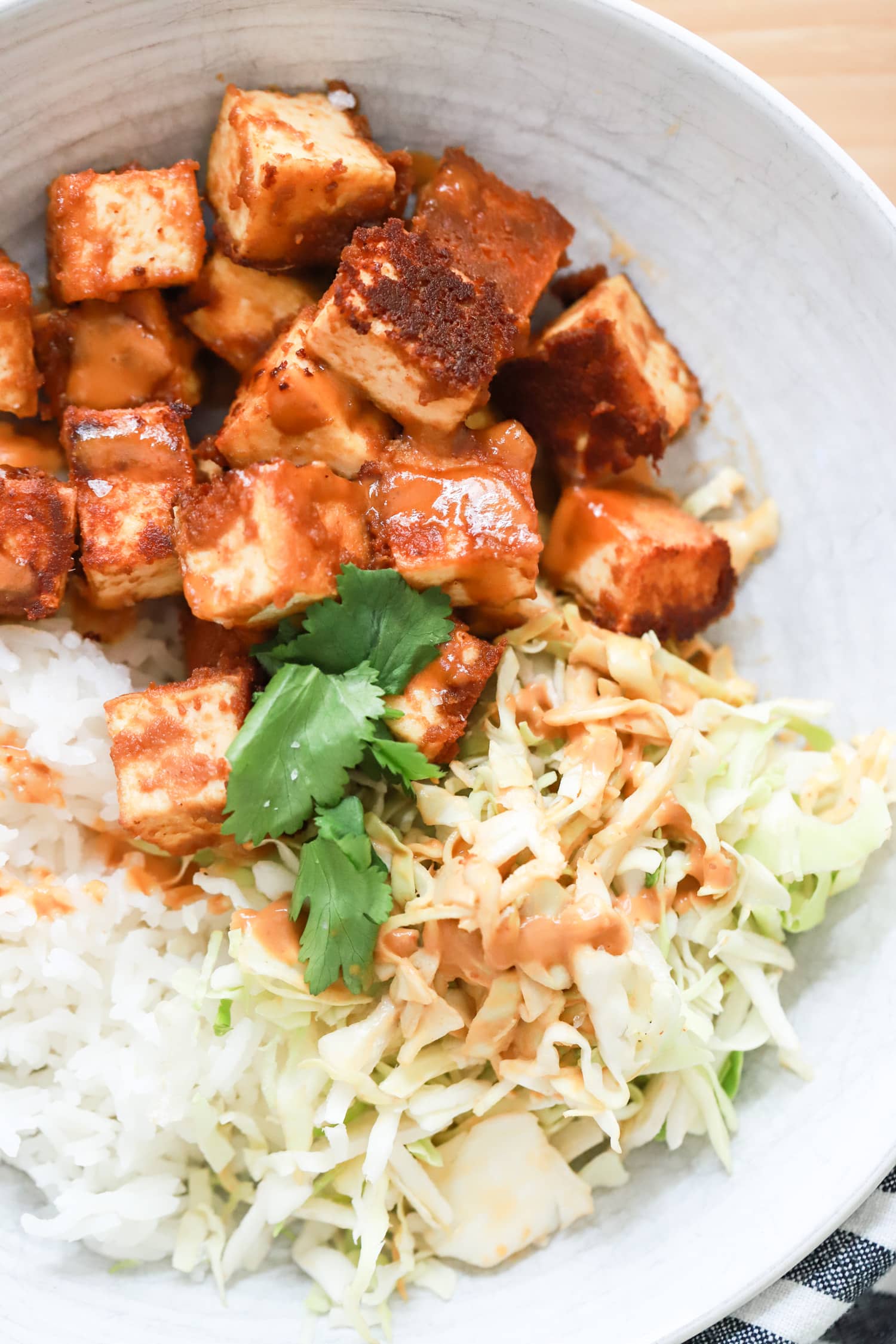 tofu rice bowl with cabbage