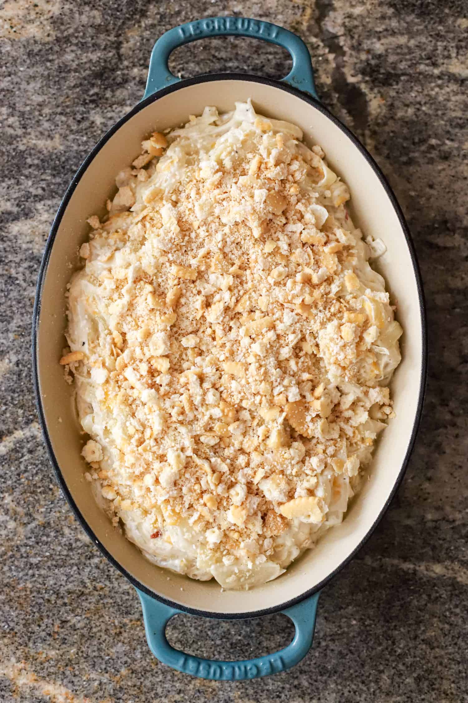 unbaked vidalia onion casserole in baking dish.