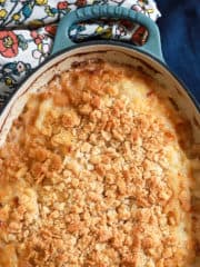 close up of ritz cracker topping on onion casserole.
