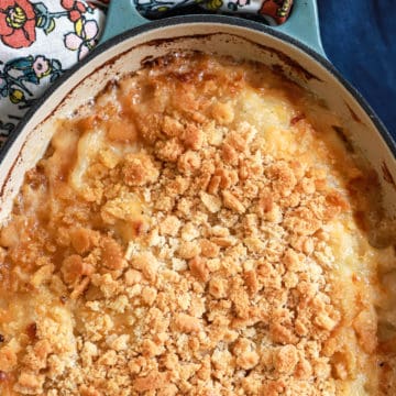 close up of ritz cracker topping on onion casserole.