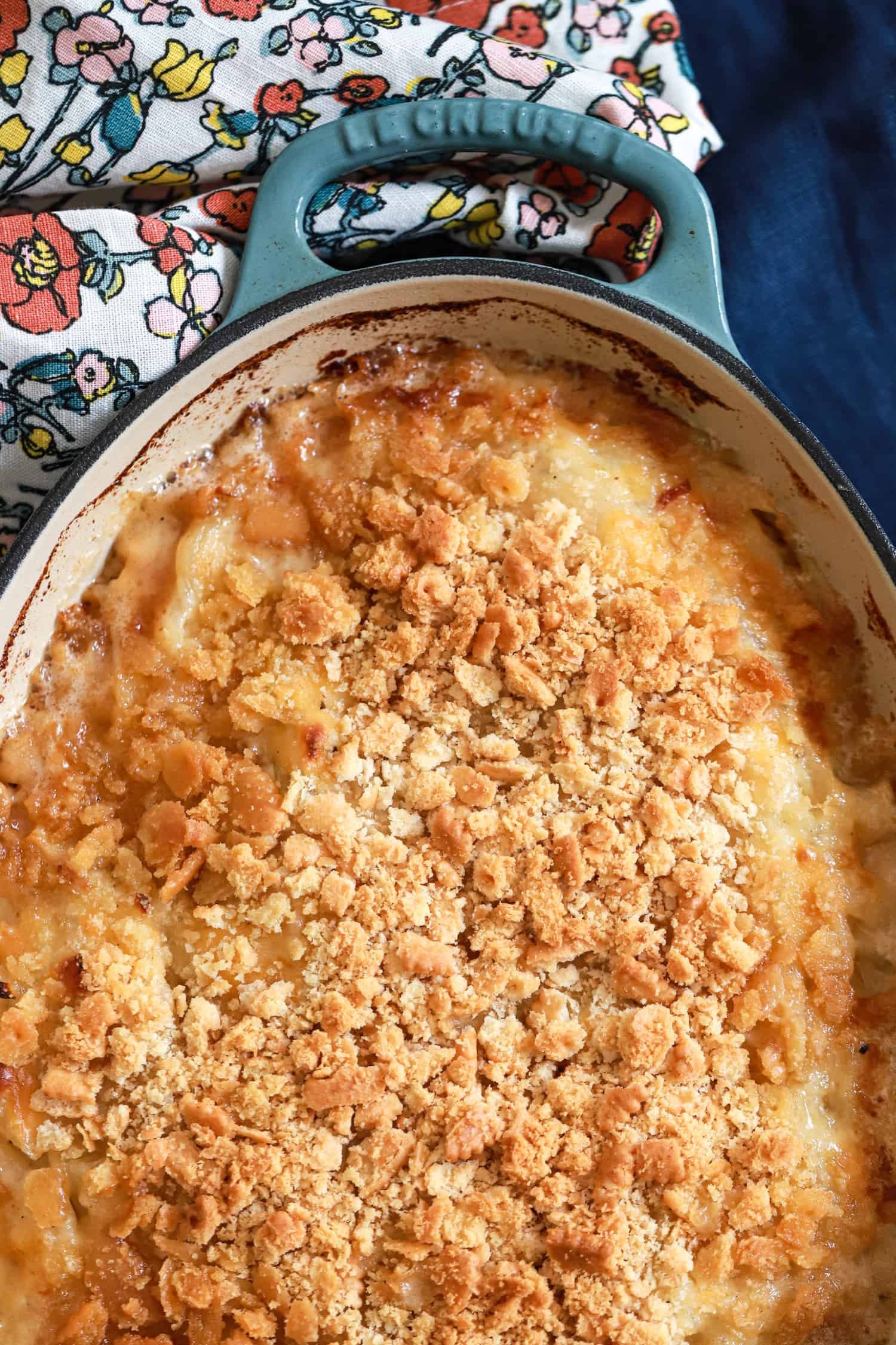 close up of ritz cracker topping on onion casserole.