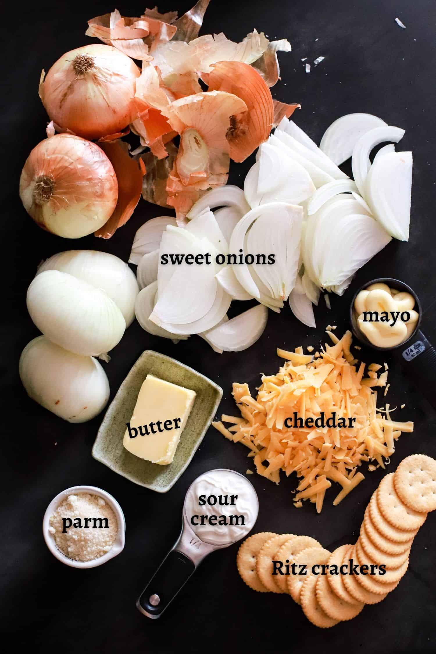 sweet onion casserole ingredients with text labels.
