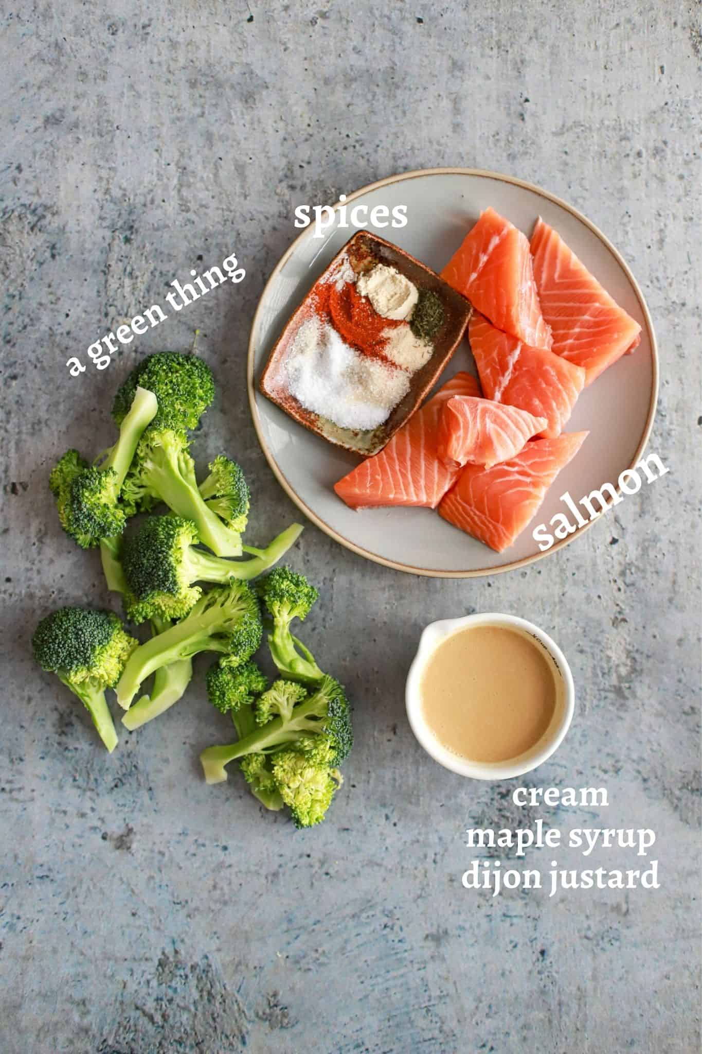 ingredients for salmon rice bowls with maple mustard sauce.